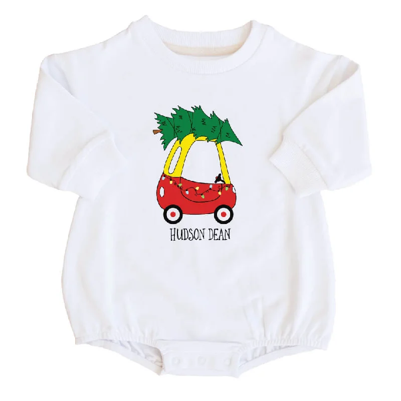 Personalized Christmas Toy Car Graphic Sweatshirt Bubble Romper | White