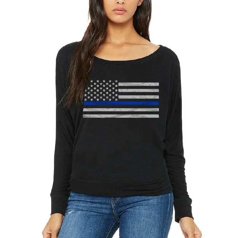 Women's Off Shoulder Long Sleeve  - Thin Blue Line American Flag