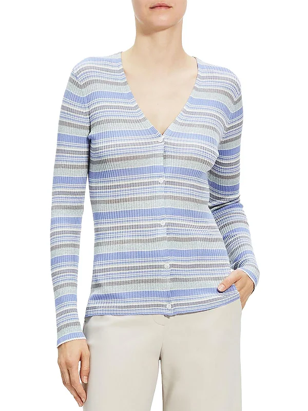 Womens 100% Silk Ribbed Cardigan Sweater