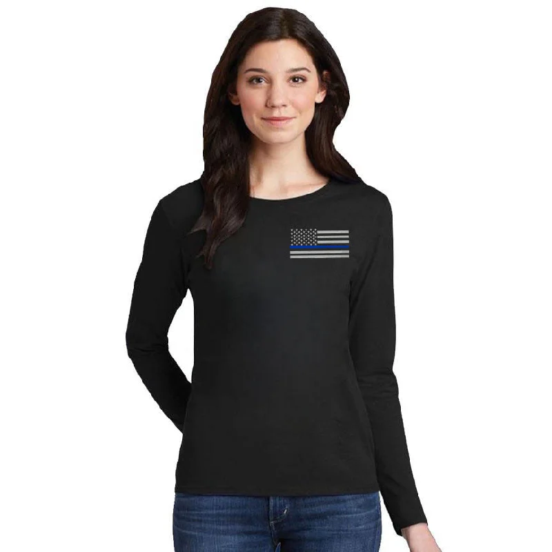 Women's Long Sleeve  - Small Logo Thin Blue Line American Flag