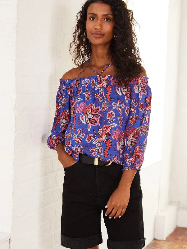 Jayla Floral Print LENZING™ ECOVERO™ Off-The-Shoulder Top | Blue Verona