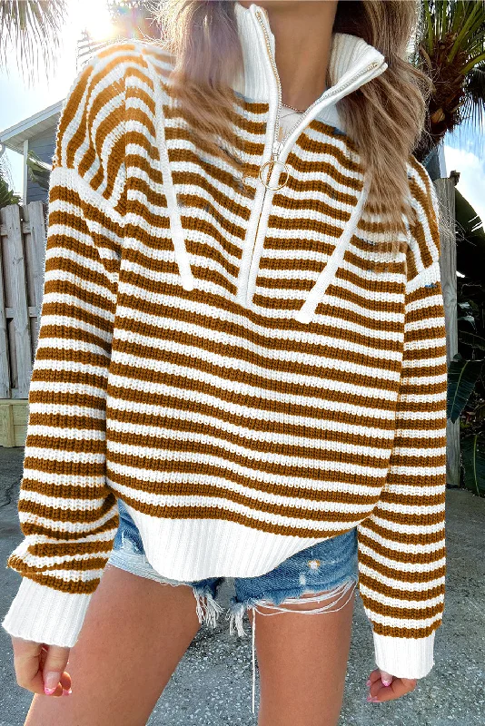 Khaki Stripe Zip Up Collar Drop Sleeve Sweater