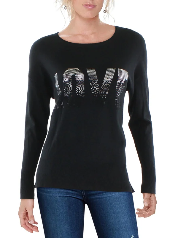 Womens Embellished Ribbed Trim Pullover Sweater