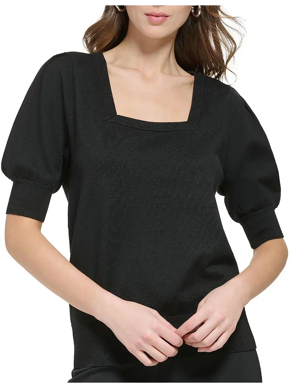 Womens Ribbed Trim Square Neck Pullover Sweater