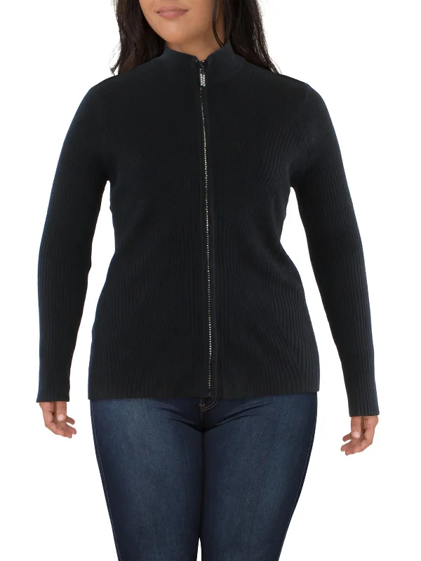 Plus Womens Mock Neck Embellished Full Zip Sweater