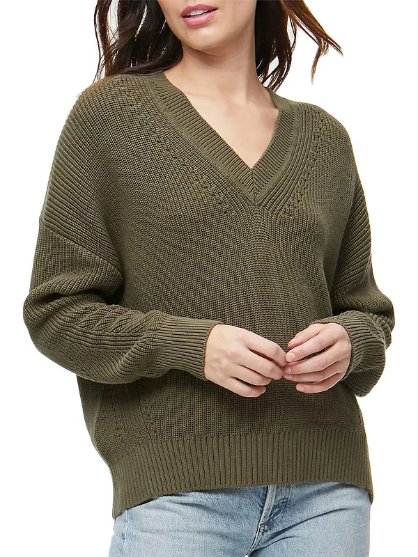 Joss Womens V-Neck Pointelle Pullover Sweater