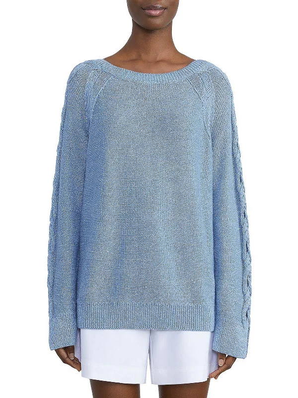 Womens Linen Blend Ribbed Trim Pullover Sweater