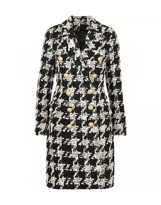 Houndstooth Tweed Double Breasted Coat