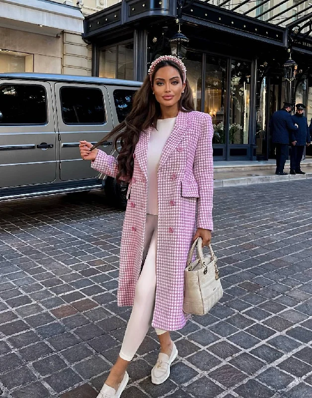 Pink Houndstooth Long Lapel Coat