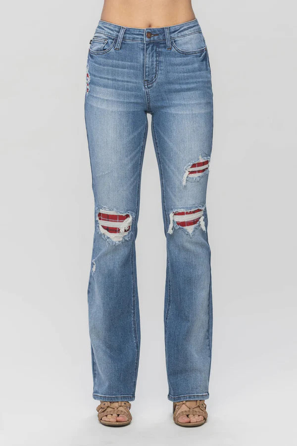 Judy Blue MR Plaid Patch Detail Bootcut Jeans