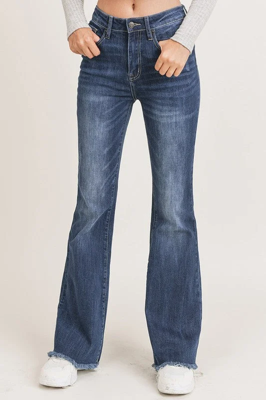 Risen High Waist Vintage Frayed Hem Flare Jeans