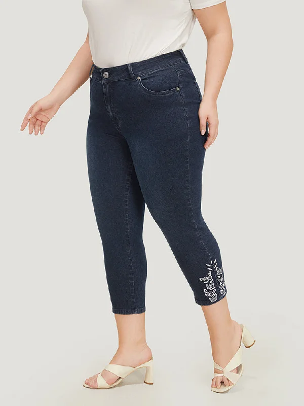 Very Stretchy High Rise Dark Wash Butterfly Embroidered Jeans