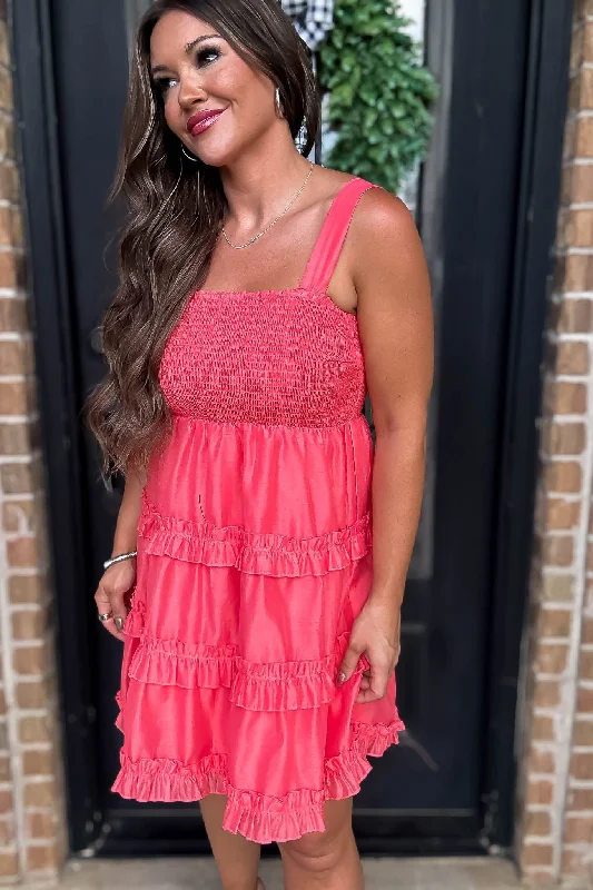 Coral Rose Smocked Ruffle Dress