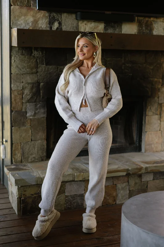 Front Zipper Jogger Set- Oatmeal