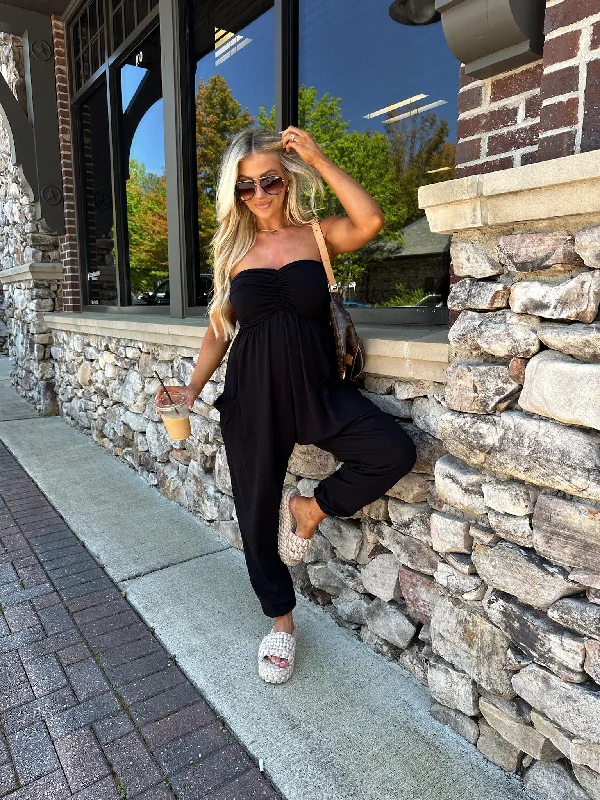 Strapless Ruched Baggy Jumpsuit-Black