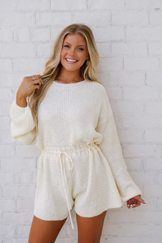 Sweater Knit Drawstring Romper-Cream