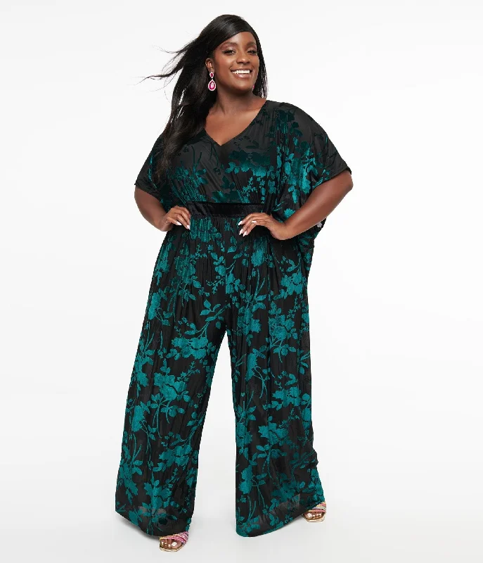 Unique Vintage Plus Size 1970s Black & Teal Velvet Floral Burnout Caftan Jumpsuit