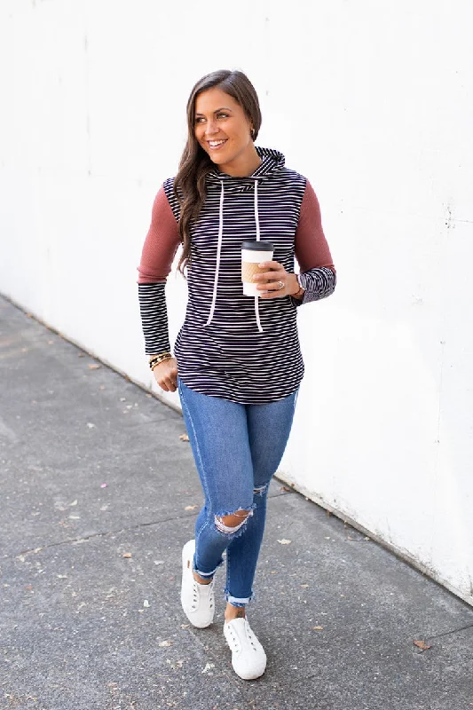 Black Striped Mauve Cowl Neck Hoodie (SM-XL)