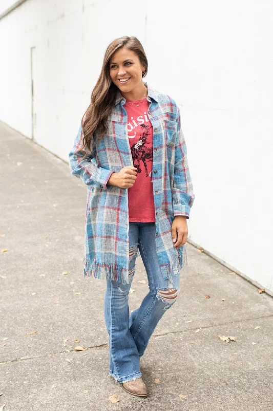 Blue Red Gray Plaid Frayed Button Up Long Shacket