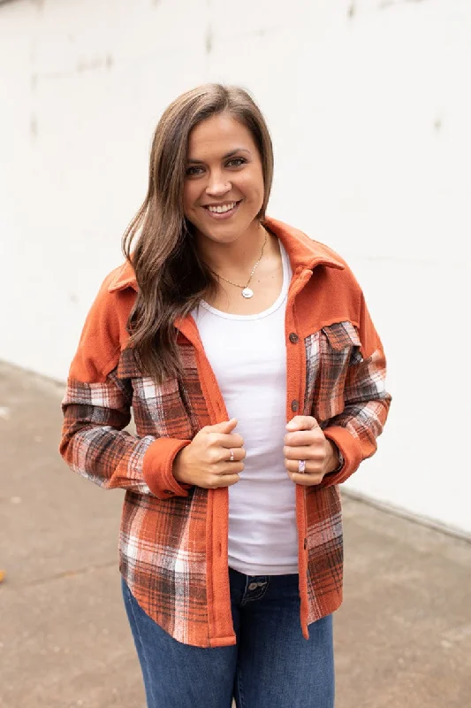 Dk Orange Brown Plaid Fleece & Flannel Shacket (SM-XL)