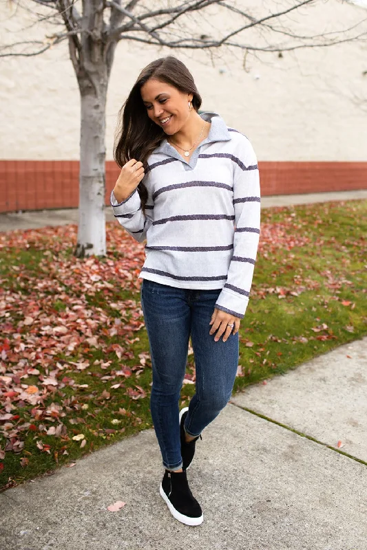 Gray Striped Vneck Collared LS Top (SM-XL)