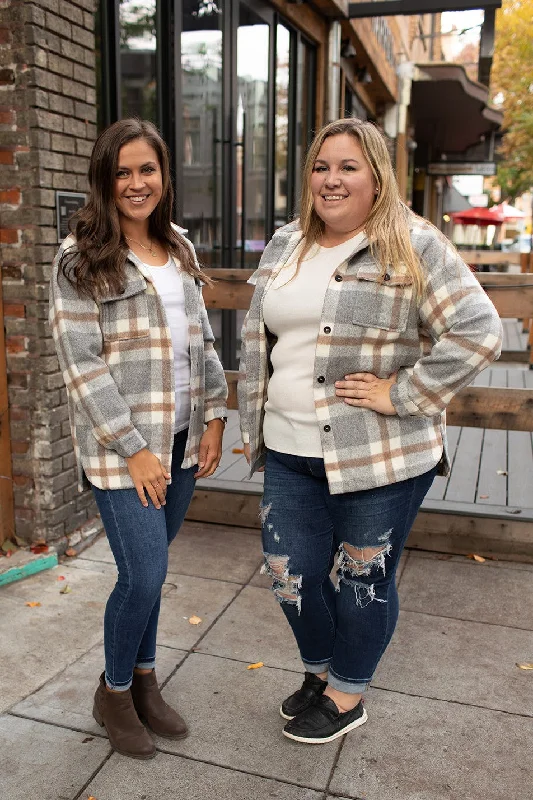 Gray Taupe Plaid Flannel Shacket (SM-2X)