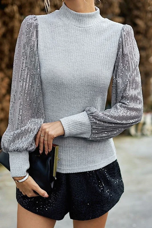 Sequin Sleeve Mock Neck Shirt *Online Only*