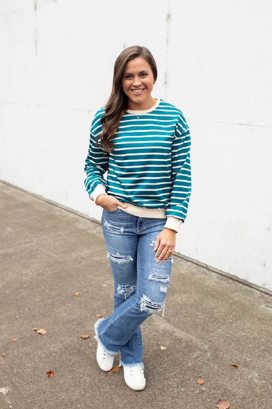 Teal & Cream Striped Pullover LS (SM-XL)