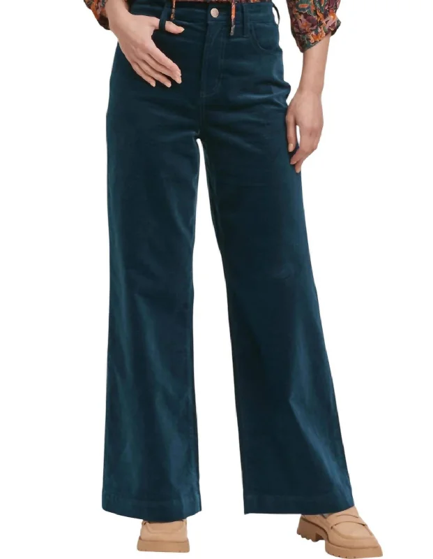 Audrey Full Inseam Wide Leg Pants In Teal Velveteen