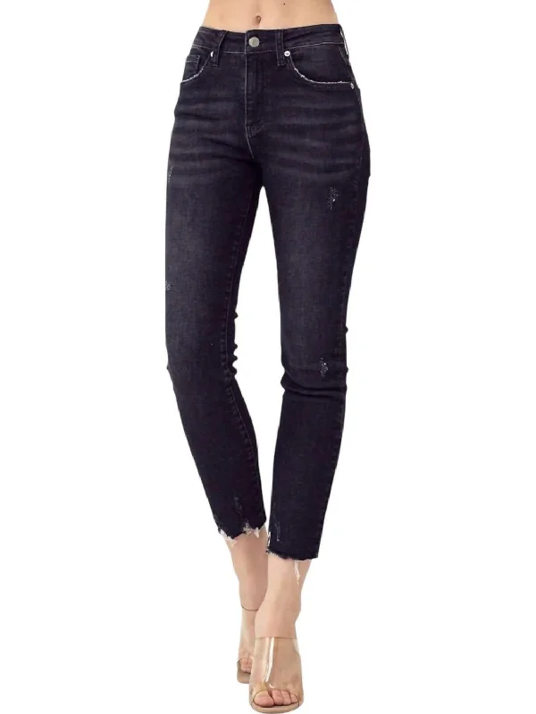 Mid Rise Raw Hem Jeans In Black Denim