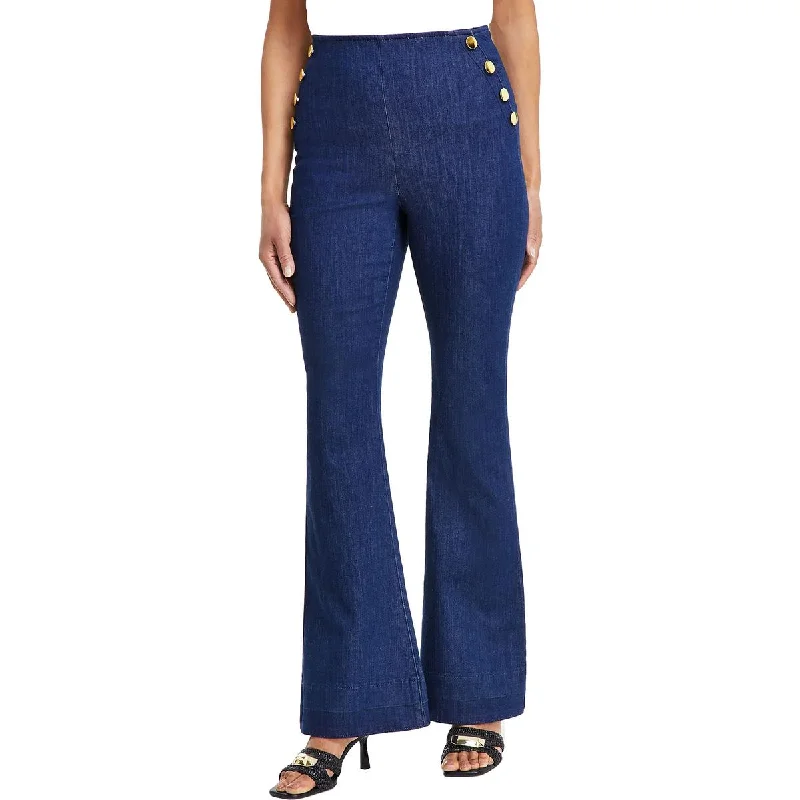 Womens High Rise Button Trim High-Waisted Jeans